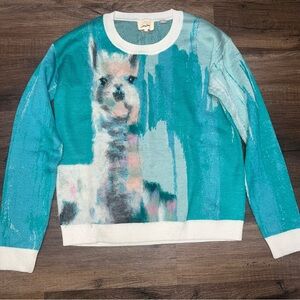 Anthropologie Lauren Walcott Artwork Llama Sweater Blue Womens Wool Blend